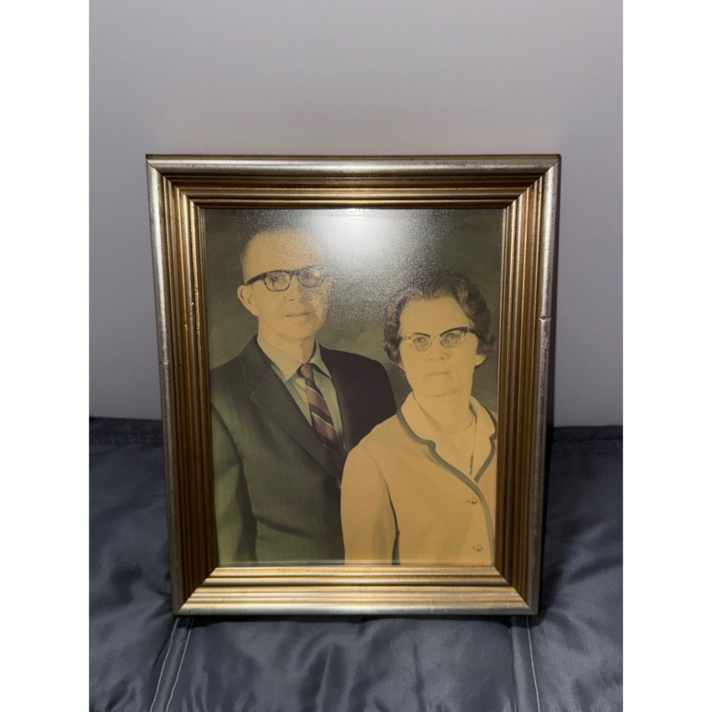 Vintage Mid-Century Hand Tinted Couple Portrait Gold Ornate Wood Frame 11x13